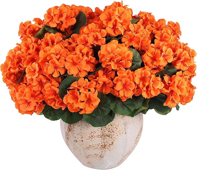 CozyNest Decor 12-pack artificial orange geranium flowers for outdoor decor, UV resistant silk plants for fall table centerpieces.