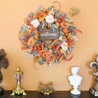 CozyNest Decor 24-inch fall wreath with lamb's ear leaves, roses, berries, and wooden sign for front door autumn decor