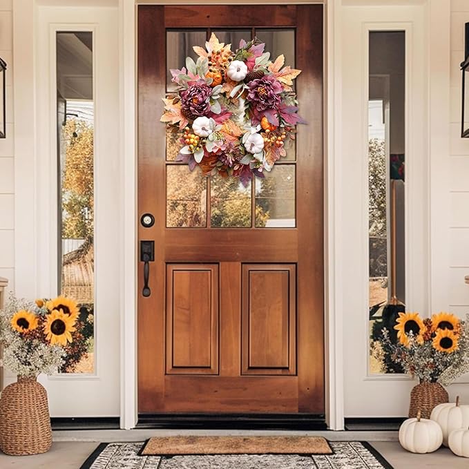 CozyNest Decor 20-inch fall wreath with white pumpkins, peony, pine cones for front door, autumn, Halloween, and Thanksgiving decor