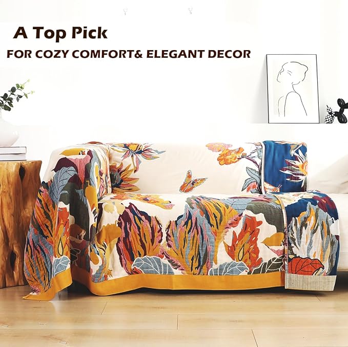 CozyNest Decor boho large throw blanket featuring fall floral, birds, butterflies in organic cotton, ideal for sofa or bed decor.