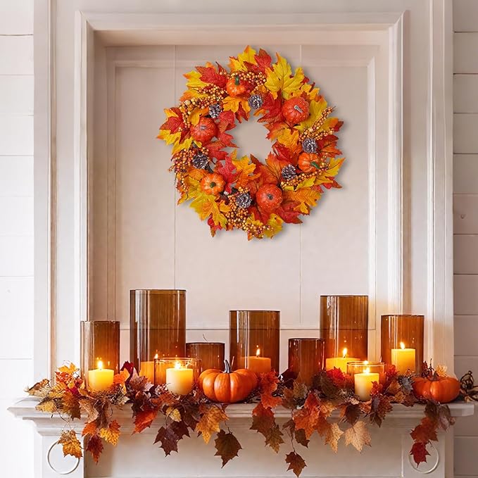 CozyNest Decor 20-inch fall wreath with pumpkins and maple leaves, perfect for front door or outdoor autumn home decor.