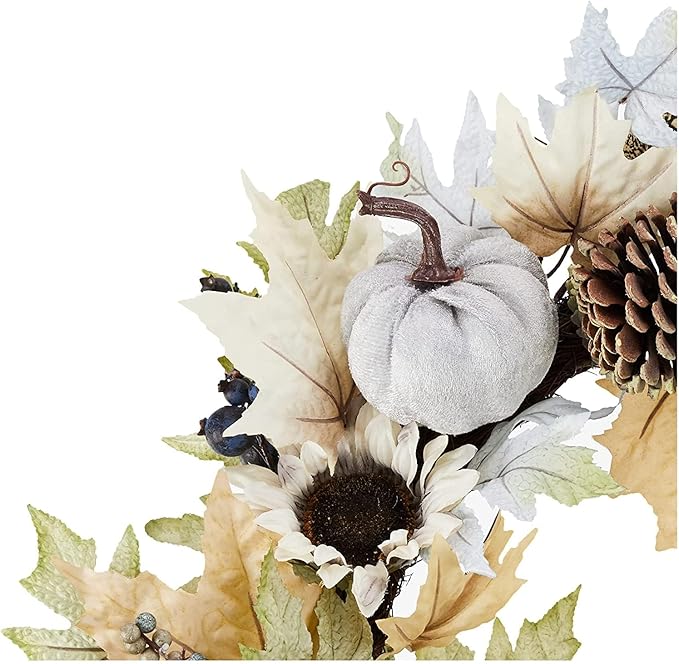 CozyNest Decor 24-inch artificial pumpkin sunflower fall wreath with rustic white accents for door, wall, or outdoor Thanksgiving decor.