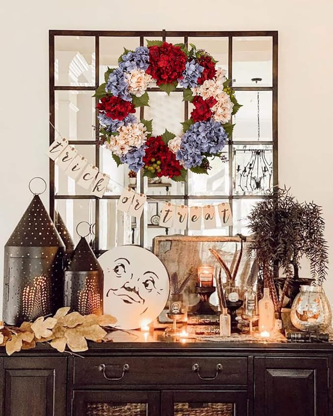 CozyNest Decor 24-inch fall wreath with hydrangeas, berries, and autumn flowers for front door decorating and seasonal decor.