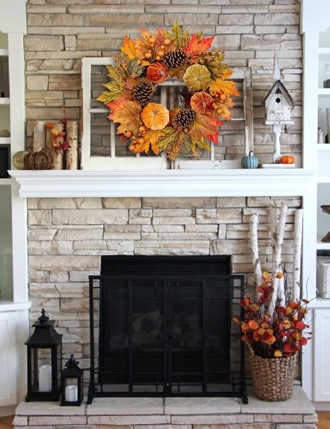 CozyNest Decor 16-inch autumn velvet pumpkin wreath with metal hook, featuring harvest maple leaves for fall door decor.