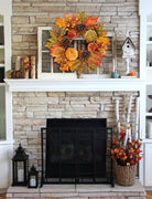 CozyNest Decor 16-inch autumn velvet pumpkin wreath with metal hook, featuring harvest maple leaves for fall door decor.