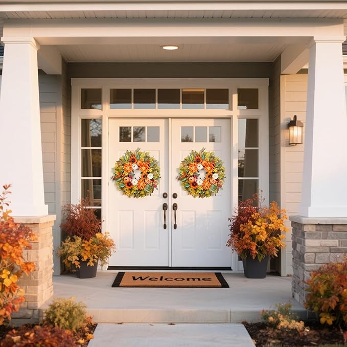 Fall front door wreath by CozyNest Decor featuring pumpkins, peonies, sunflowers, dahlias, and autumn artificial flowers.