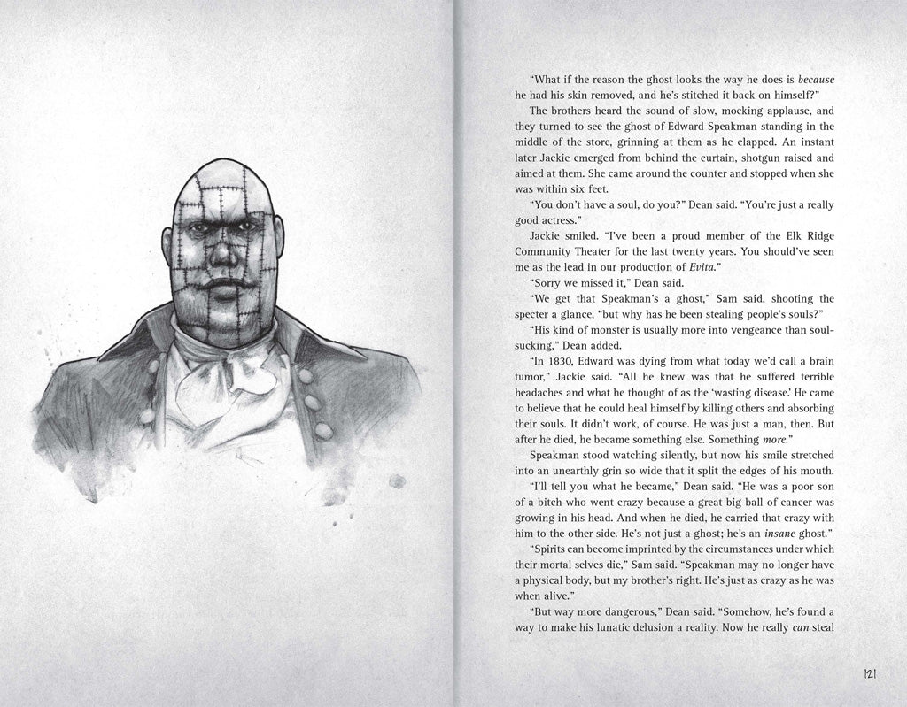 Inside view of the softcover "Supernatural: The Television Series" book by Insight Editions, showing detailed interior pages.