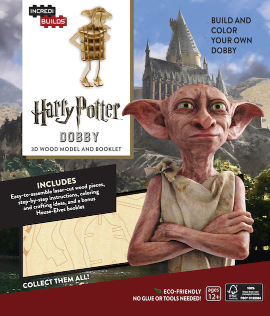 Harry Potter Dobby 3D wood model kit with instruction booklet, featuring detailed wood pieces for assembling a Dobby figure.