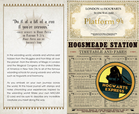 Inside view of J.K. Rowling's Wizarding World hardcover travel journal by Insight Editions, featuring lined pages and magical design elements.