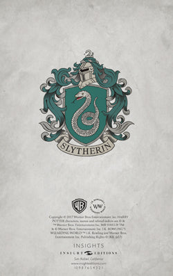 Inside of a Harry Potter Slytherin hardcover pocket journal by Insight Editions, featuring lined pages with Slytherin emblem and design.