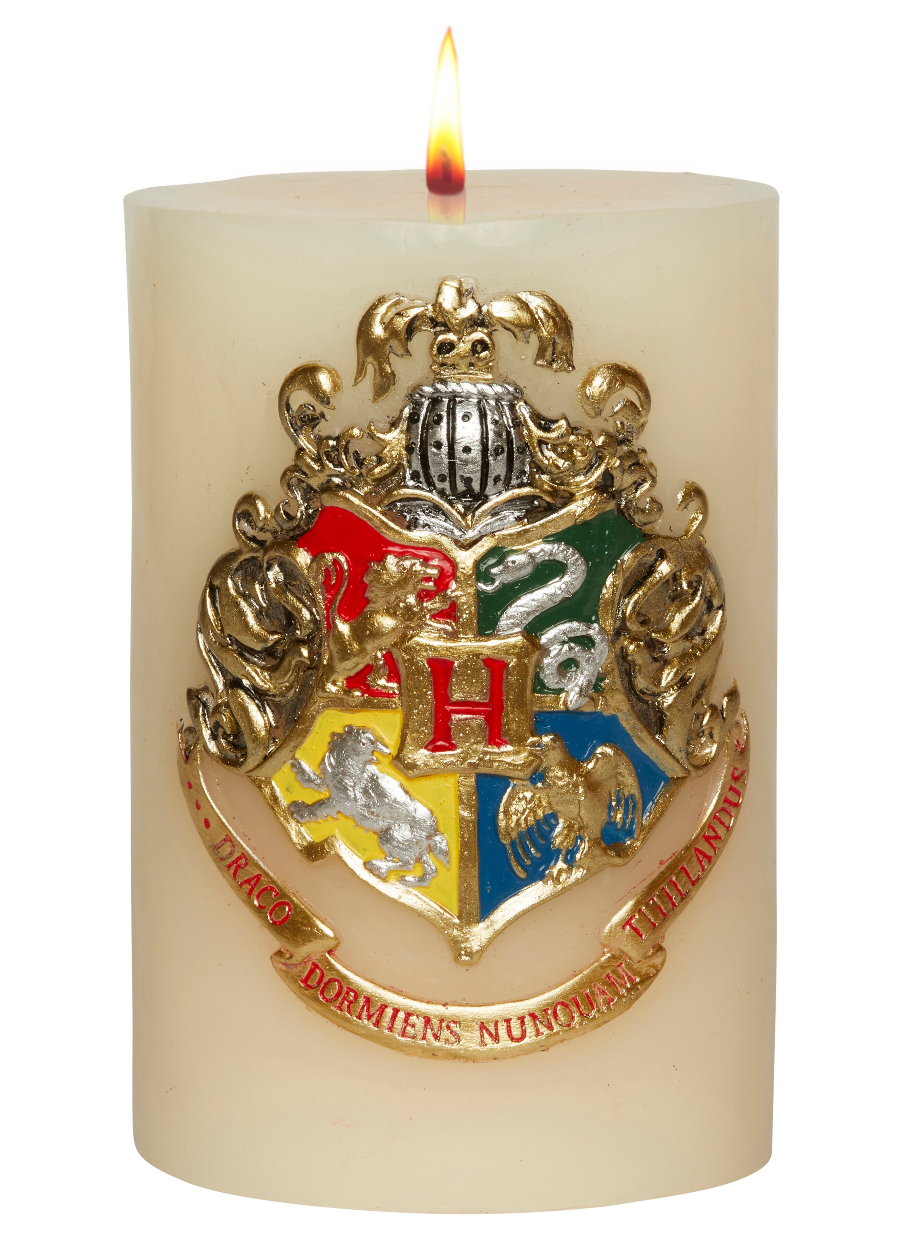 Harry Potter Hogwarts insignia candle with sculpted crest, designed for home decor, by Insight Editions.