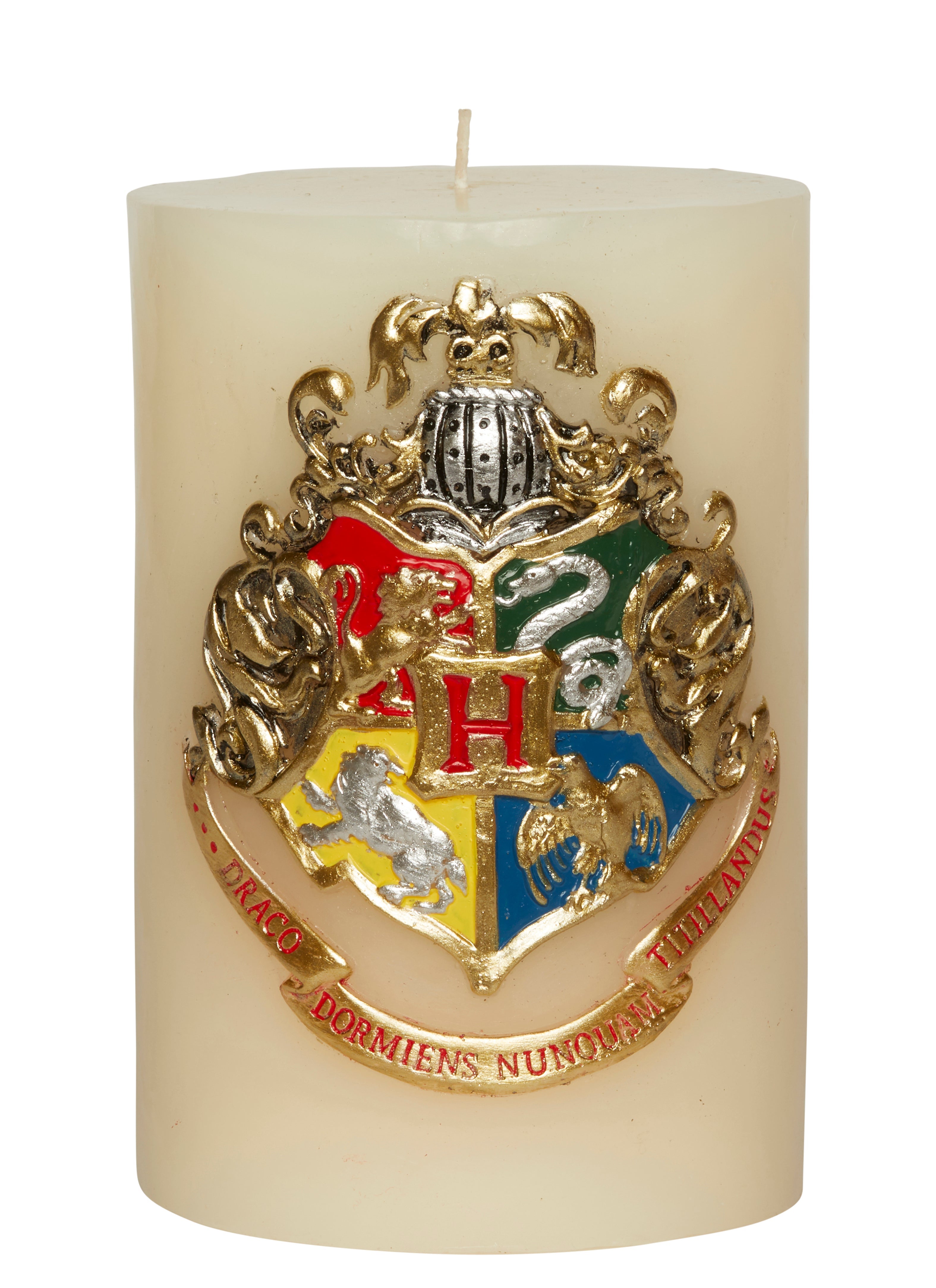 Harry Potter Hogwarts insignia sculpted candle from Insight Editions, featuring detailed Hogwarts crest design.