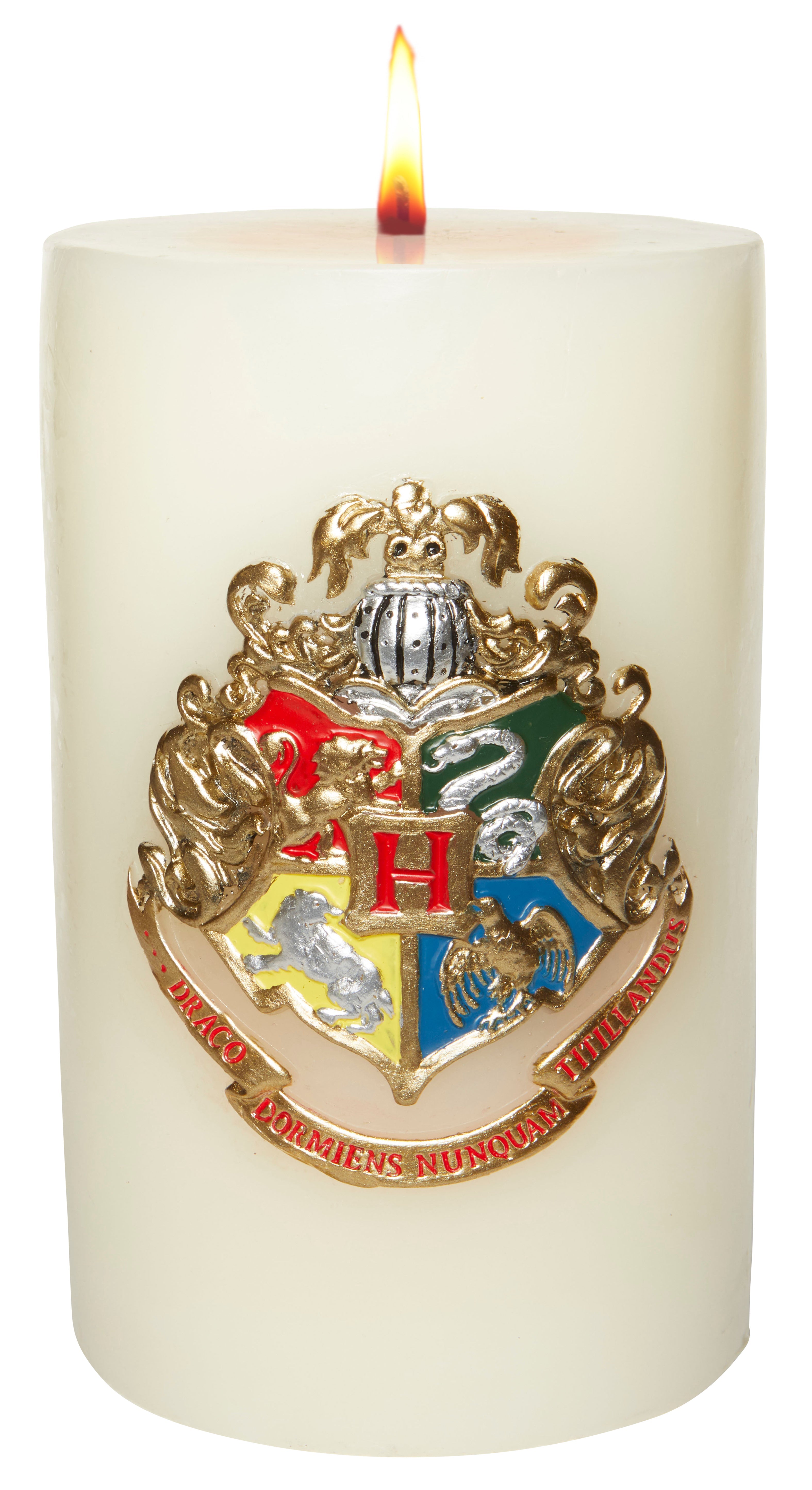 Large sculpted Hogwarts insignia candle from Harry Potter home goods by Insight Editions, featuring detailed wizarding house crest.