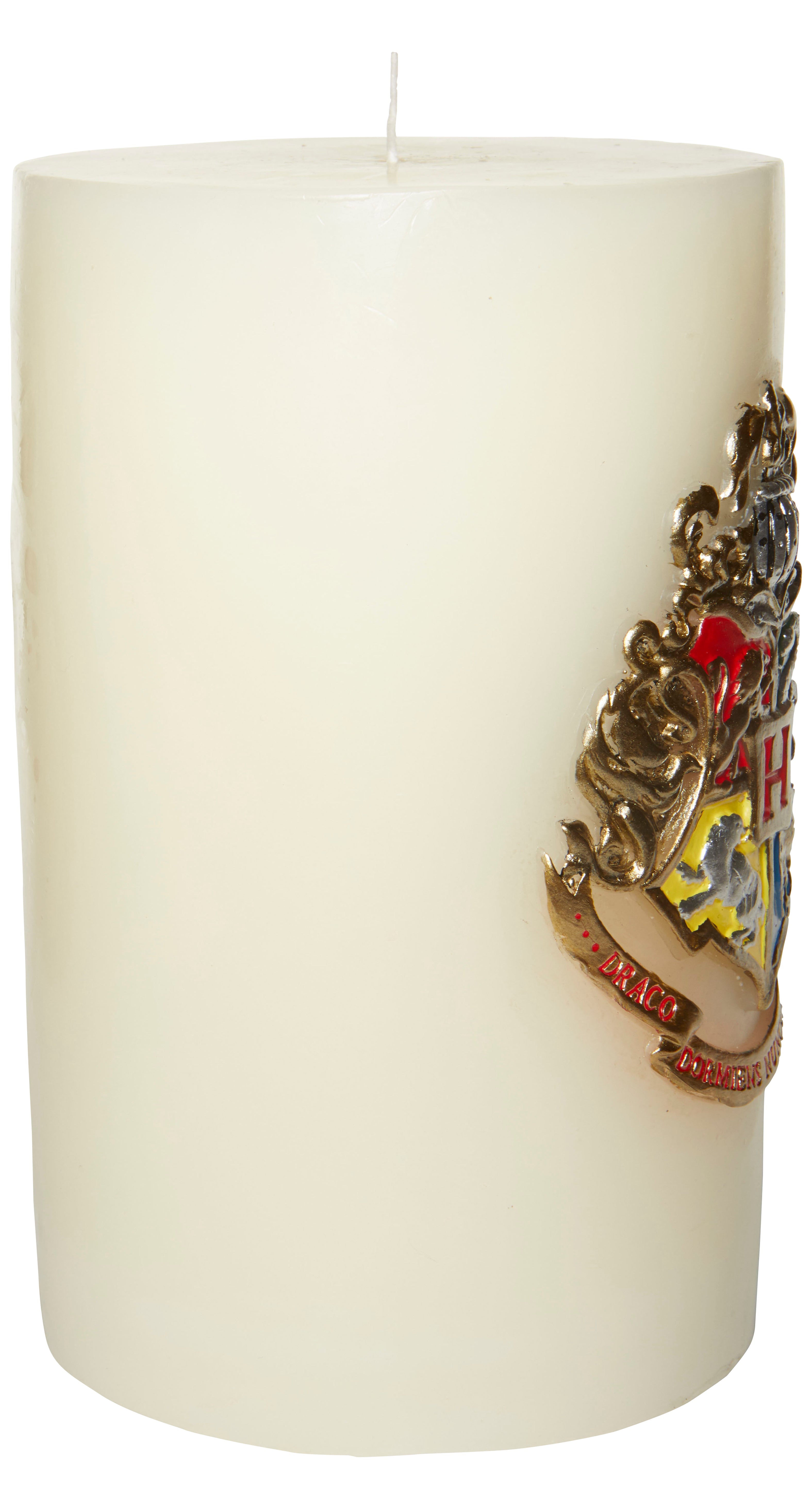 Large Harry Potter Hogwarts insignia candle with detailed sculpted design, perfect for home decor and magical ambiance.