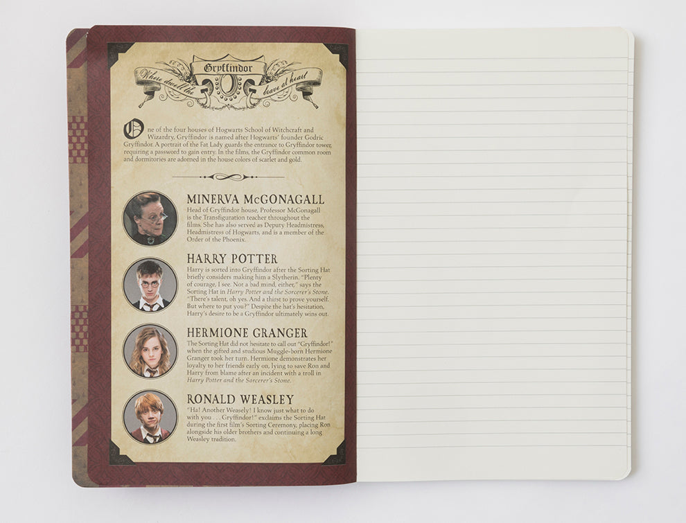Interior page of a Harry Potter Gryffindor ruled notebook by Insight Editions, featuring lined pages with decorative border designs.