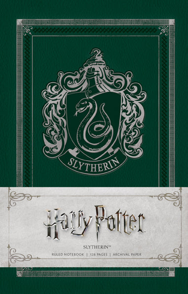 Softcover Harry Potter Slytherin ruled notebook with green cover and Slytherin crest, by Insight Editions.