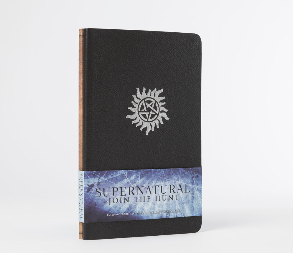 Two softcover Supernatural: Join the Hunt Notebook Collection by Insight Editions, featuring interior pages with themed designs.