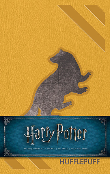 Harry Potter Hufflepuff hardcover ruled journal with Hufflepuff crest and yellow cover, from Insight Editions.