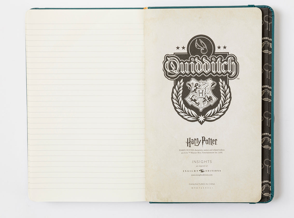 Inside view of the Harry Potter Quidditch hardcover ruled journal with magical-themed pages and detailed cover design.