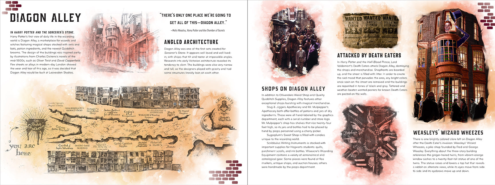 Open Harry Potter: Magical Places hardcover book showing illustrated pages and detailed map artwork inside.