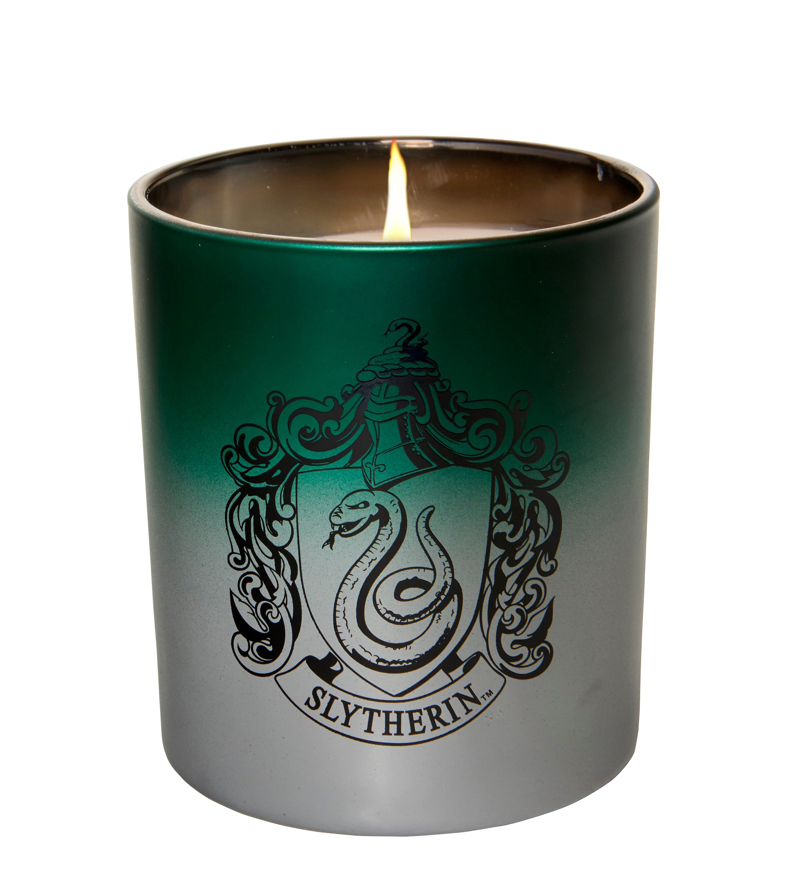 Slytherin glass candle by Insight Editions featuring a Harry Potter Slytherin house design for home decor.