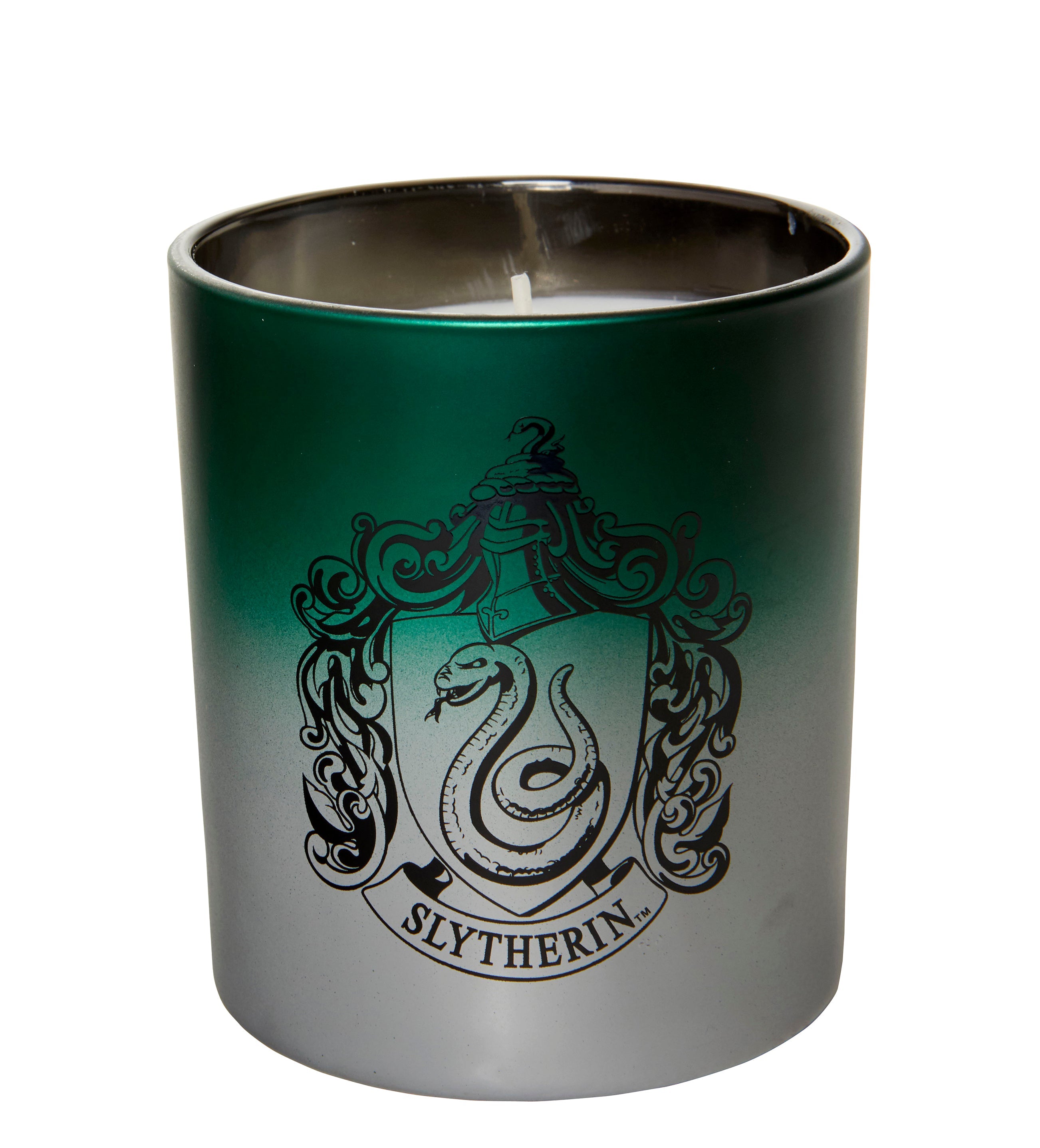 Slytherin glass candle from Harry Potter collection by Insight Editions, featuring a green Slytherin crest design on clear glass.