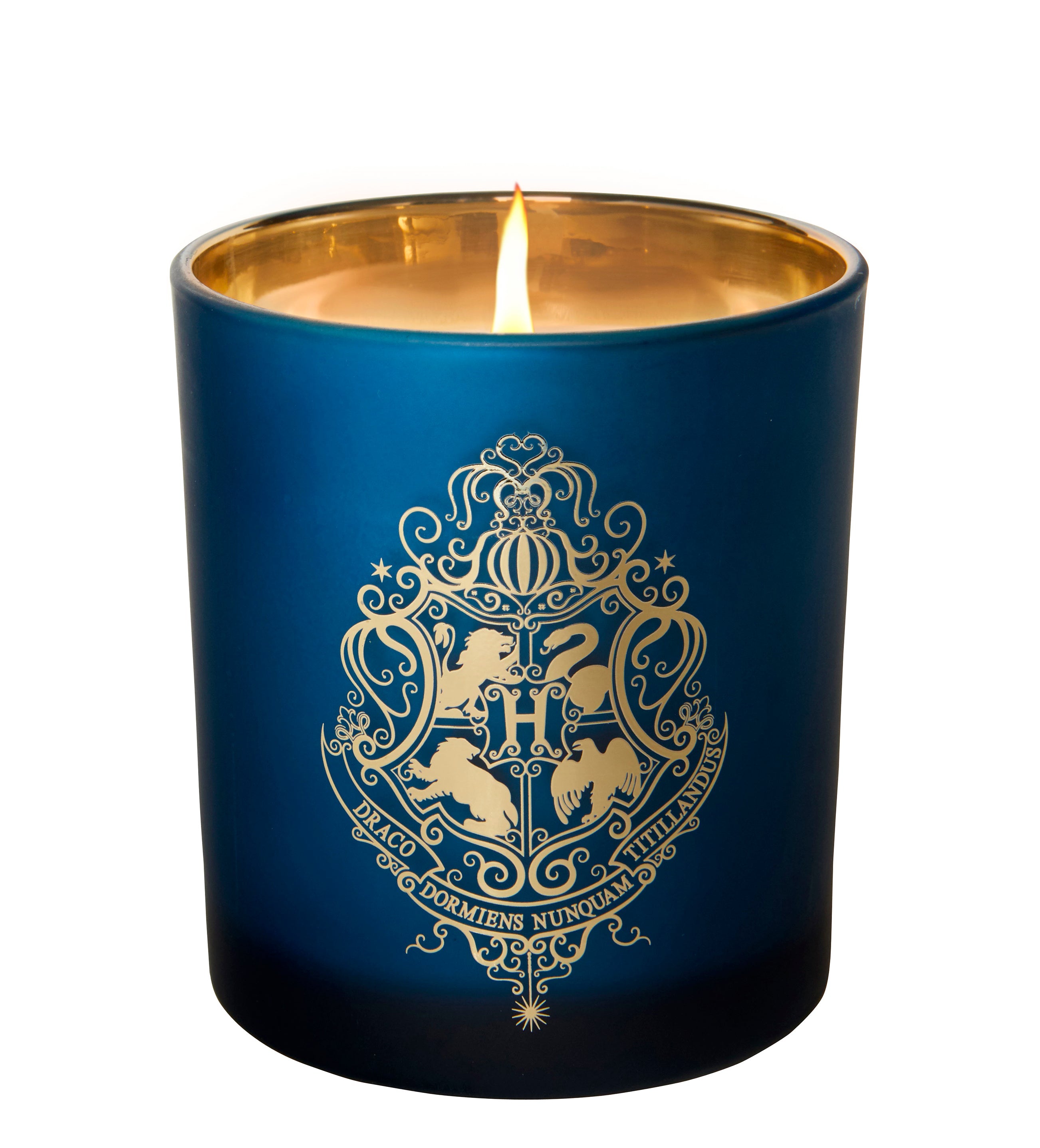Harry Potter Hogwarts glass candle from Insight Editions, featuring a magical Hogwarts castle design in a clear glass holder.