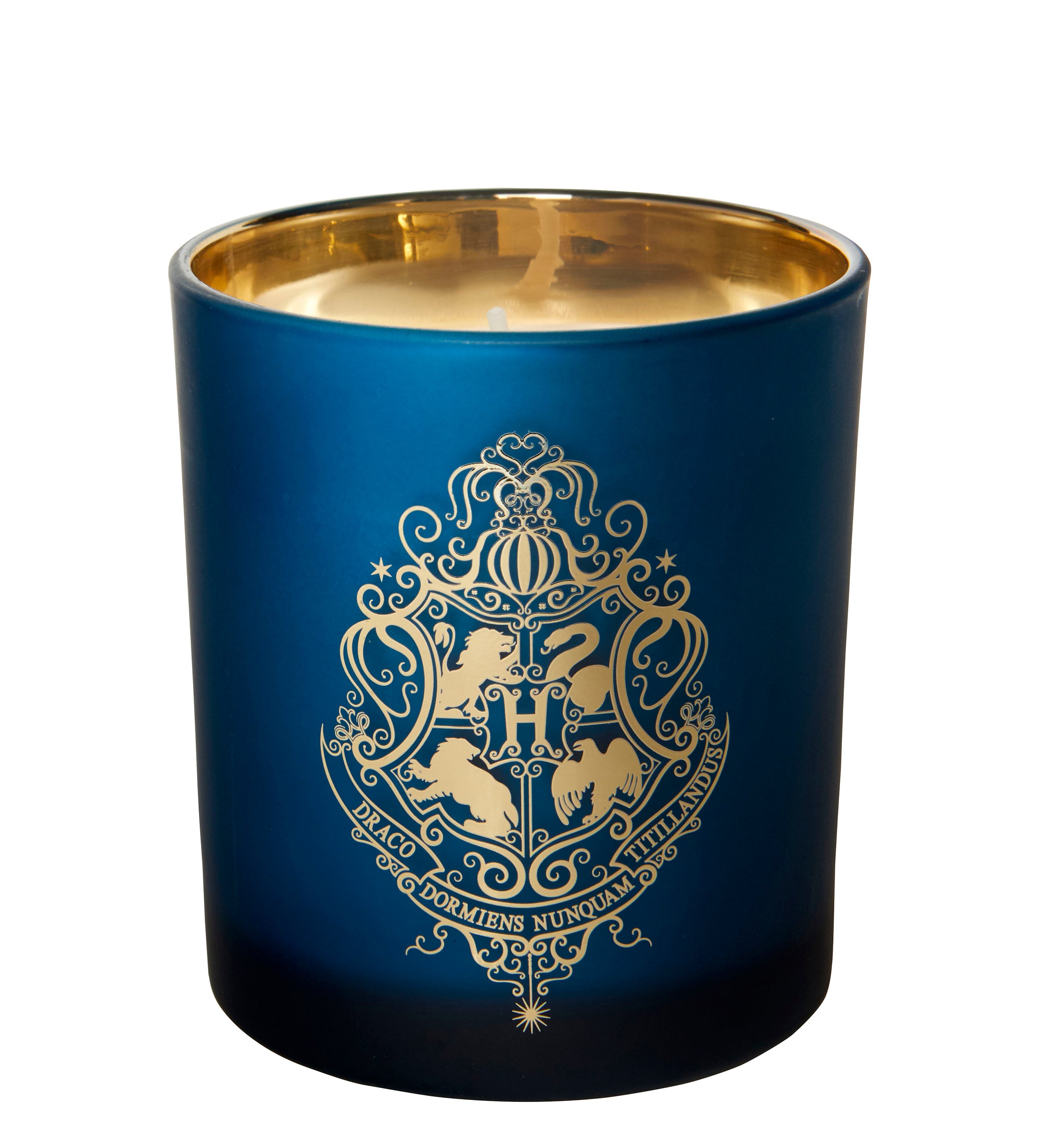 Hogwarts glass candle from Harry Potter home goods by Insight Editions, featuring a detailed Hogwarts castle design.