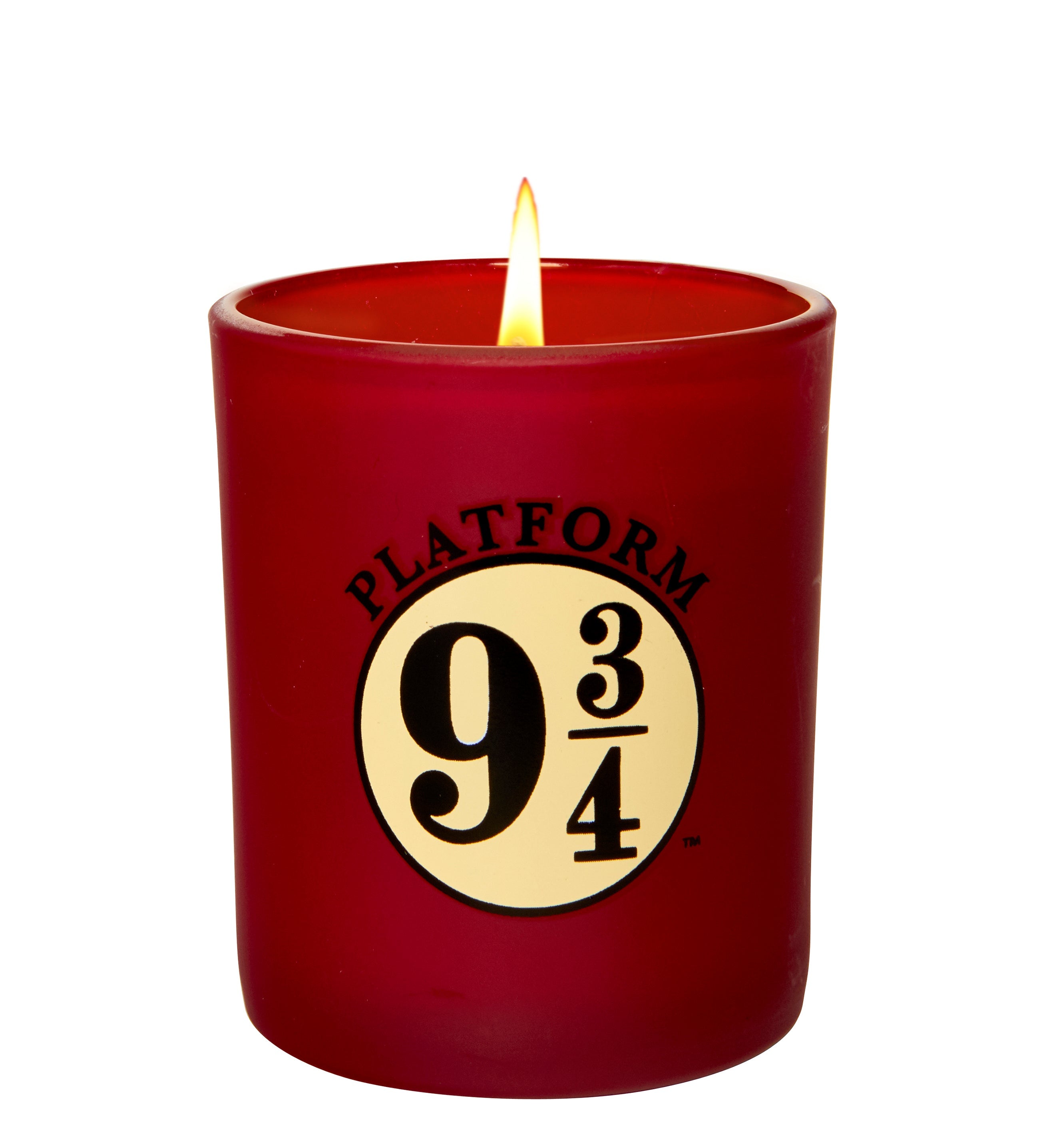 Harry Potter Platform 9-3/4 glass votive candle with Harry Potter-themed design, from Insight Editions, perfect for home decor.