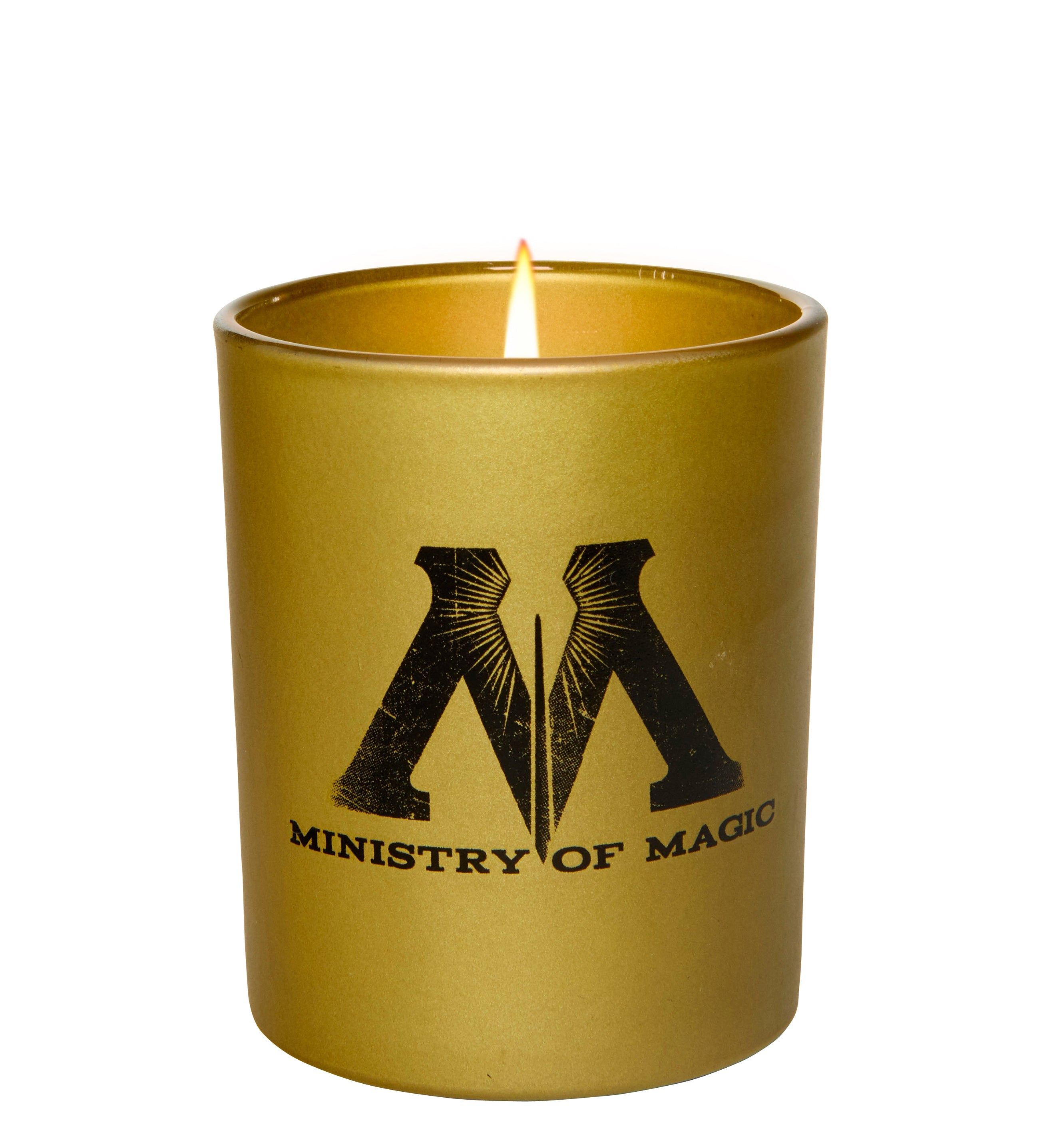 Harry Potter Ministry of Magic glass votive candle in a decorative container, featuring magical design elements.