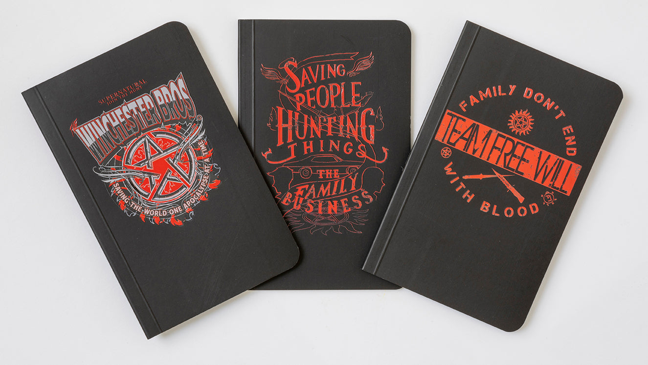 Set of three softcover Supernatural Pocket Notebooks from Insight Editions, featuring dark, mystical cover designs.