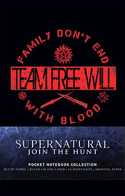 Set of three softcover Supernatural Pocket Notebooks from Insight Editions, featuring interior pages with themed designs.