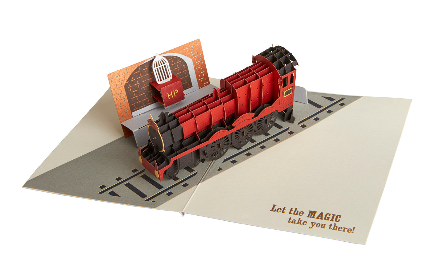 Harry Potter Hogwarts Express signature pop-up card featuring detailed Hogwarts Express train and magical Hogwarts castle design.
