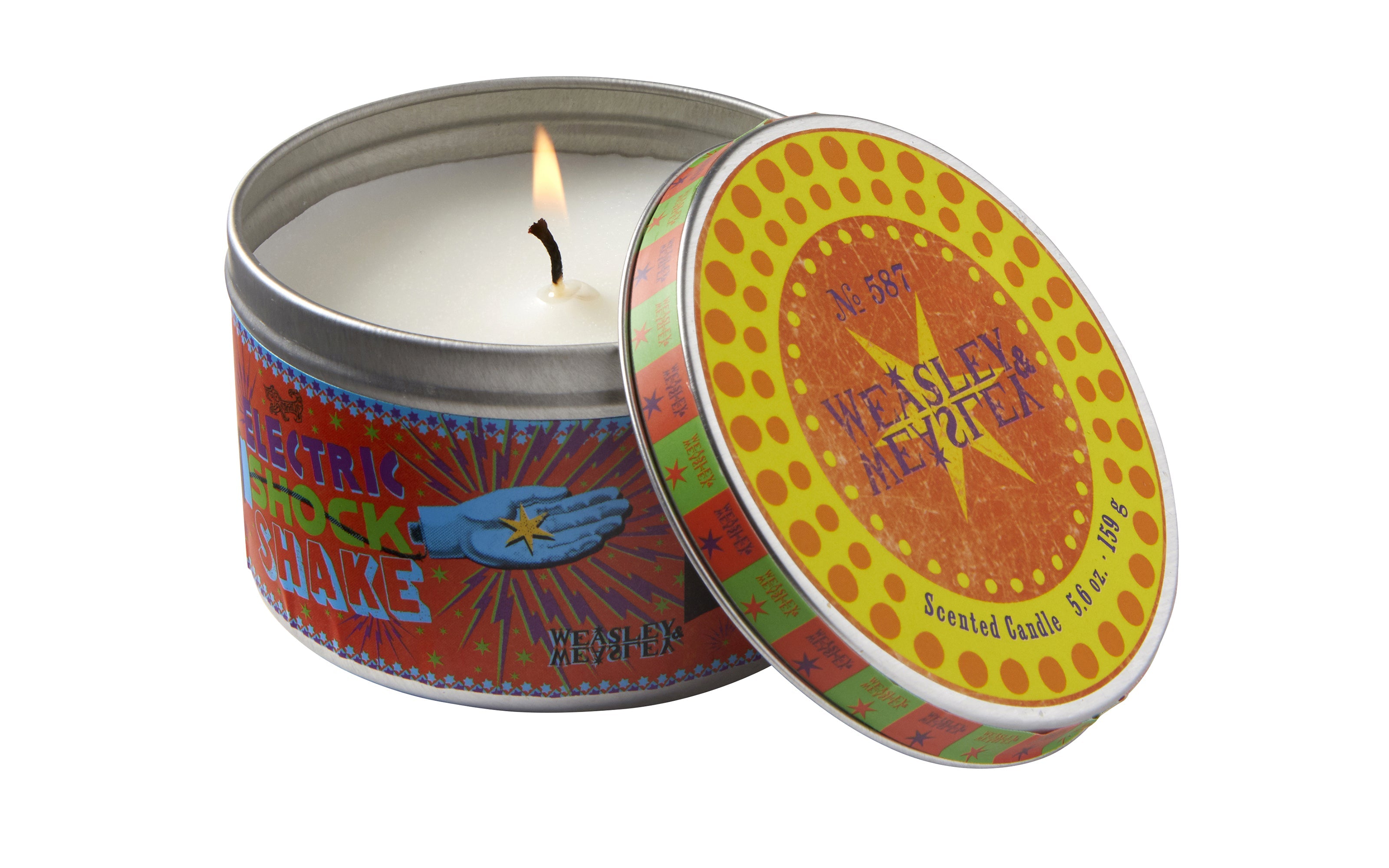 Harry Potter Weasleys' Wizard Wheezes scented candle in cinnamon scent, 5.6 oz, with colorful Harry Potter-themed packaging.