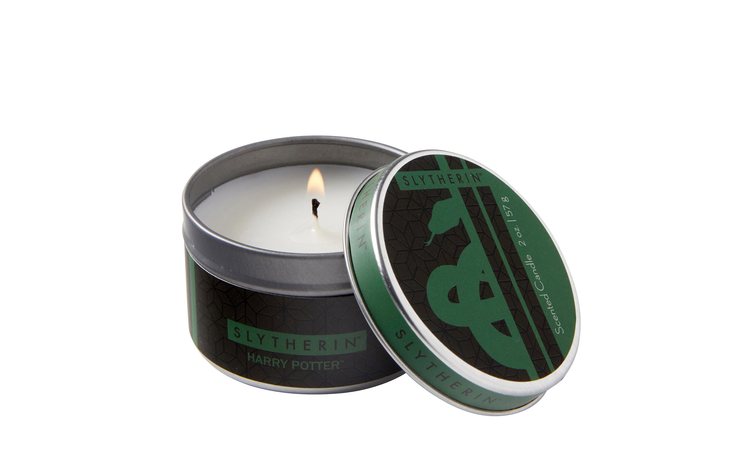 Slytherin scented candle by Insight Editions featuring green wax and Slytherin emblem in a 2 oz. home decor candle.