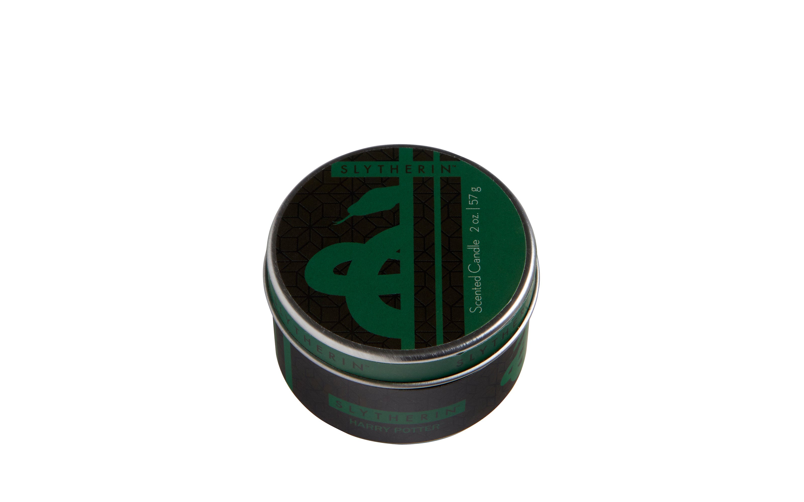 Small Slytherin scented candle from Harry Potter, in a dark green container with Slytherin emblem, ideal for home decor.