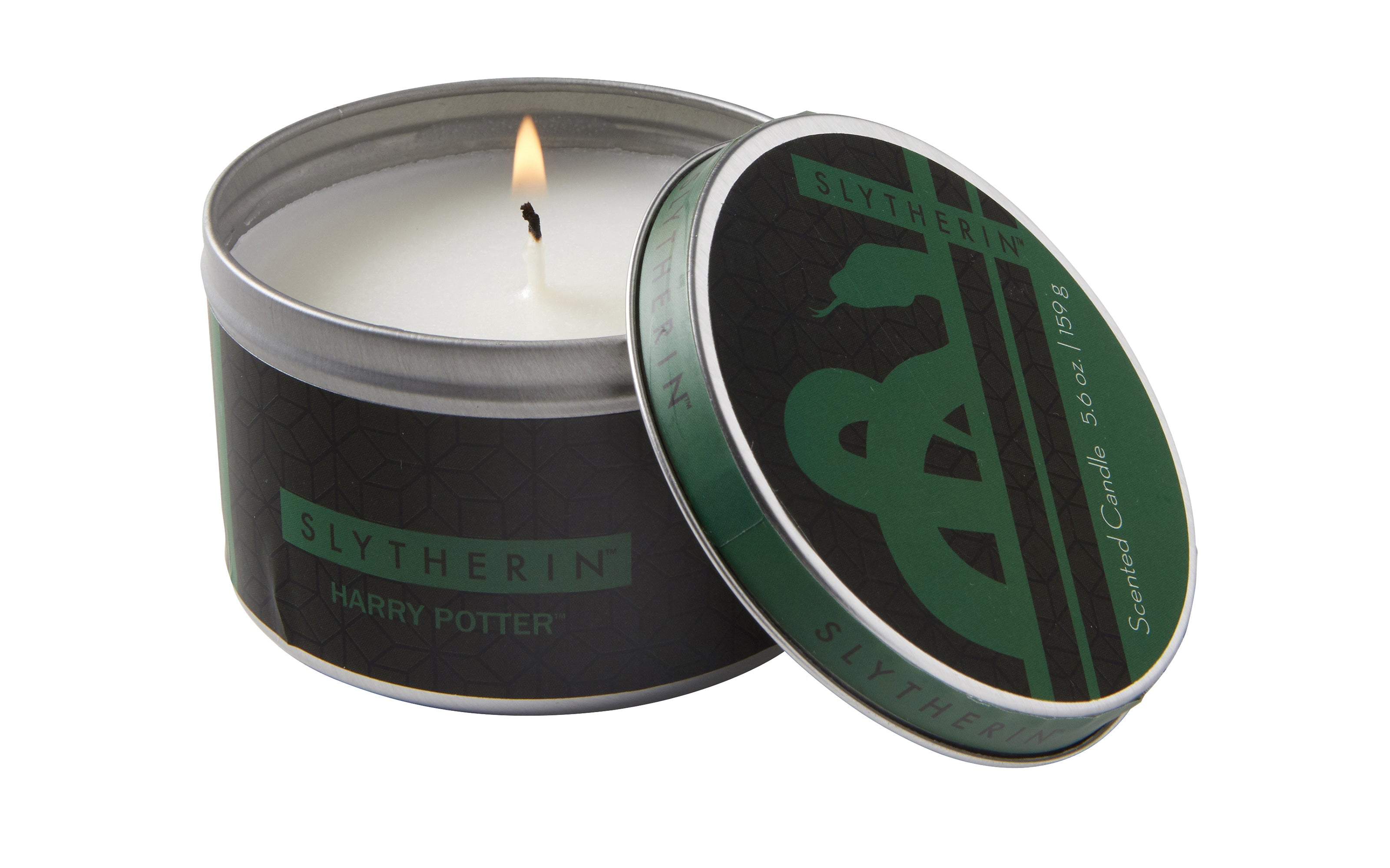 Slytherin scented candle from Harry Potter series by Insight Editions, 5.6 oz, in a decorative jar with house emblem design.