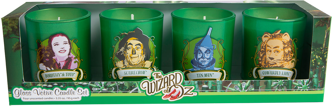 Set of four glass votive candles inspired by The Wizard of Oz, featuring colorful artwork from Insight Editions.