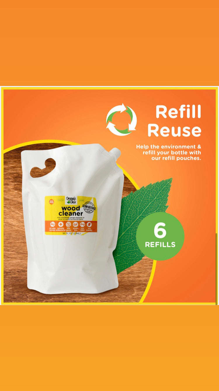 Organic Chix natural non-toxic wood cleaner in a spray bottle, suitable for healthy, eco-friendly wood surface cleaning.