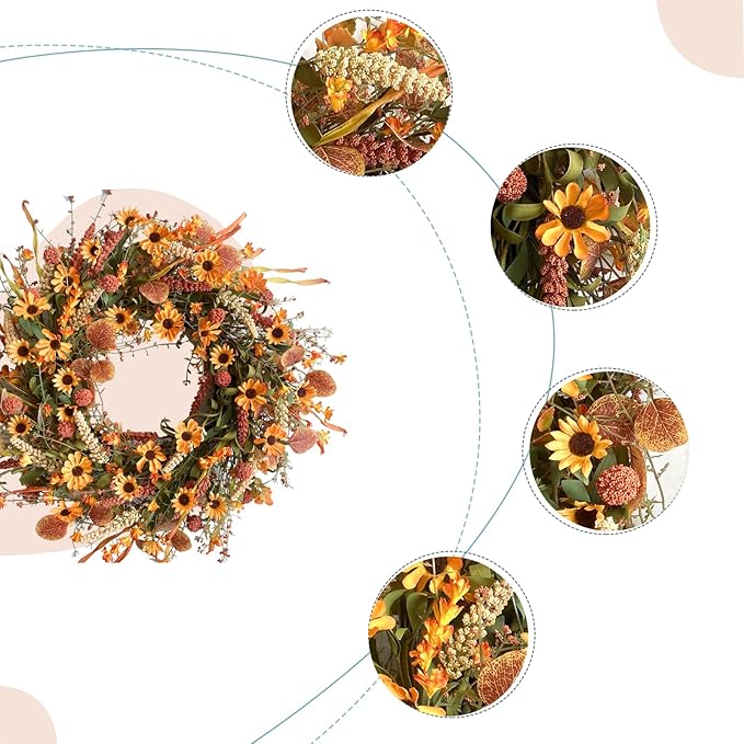 CozyNest Decor 22-inch artificial floral wreath with colorful daisies and autumn foliage, perfect for fall wall, window, or Thanksgiving decor