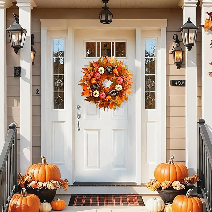 CozyNest Decor 20-inch handcrafted fall wreath with colorful pumpkins and maple leaves, perfect for front door autumn decor.