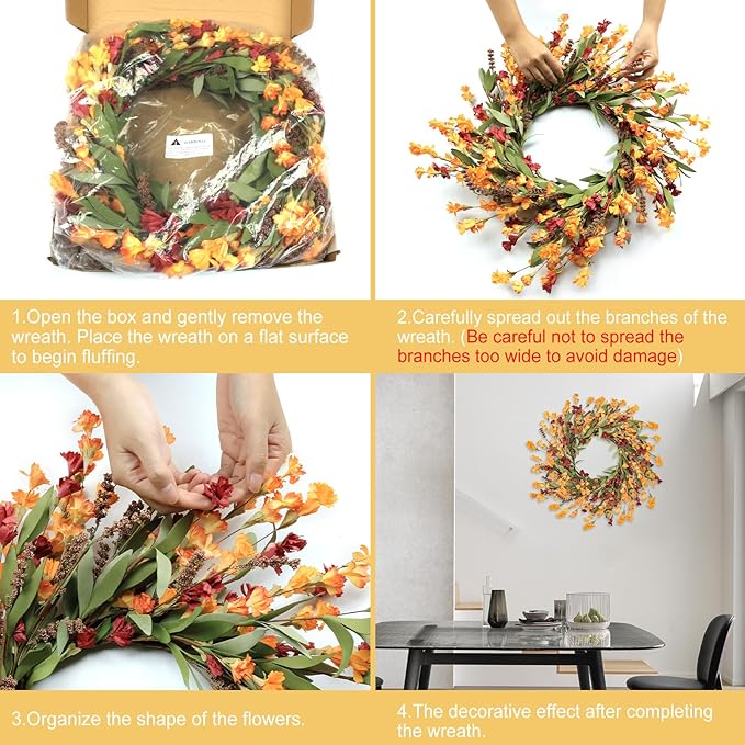 CozyNest Decor Artgar Fall Wreath, 24-inch floral door wreath in red, orange, and yellow for outdoor or indoor seasonal fall decor.