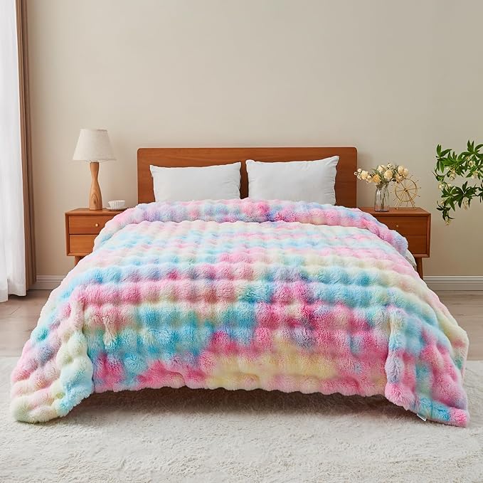 Colorful tie-dye faux fur throw blanket by CozyNest Decor, plush rainbow blanket for sofa, bed, or chair decor, 63x79 inches.