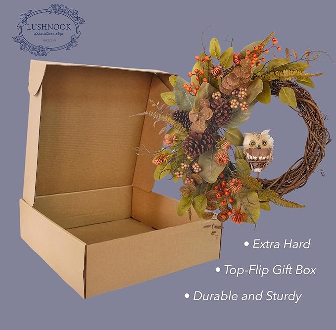 Fall owl wreath for front door featuring pine cones, eucalyptus, magnolia leaves, and berries, 24-inch seasonal autumn decor.