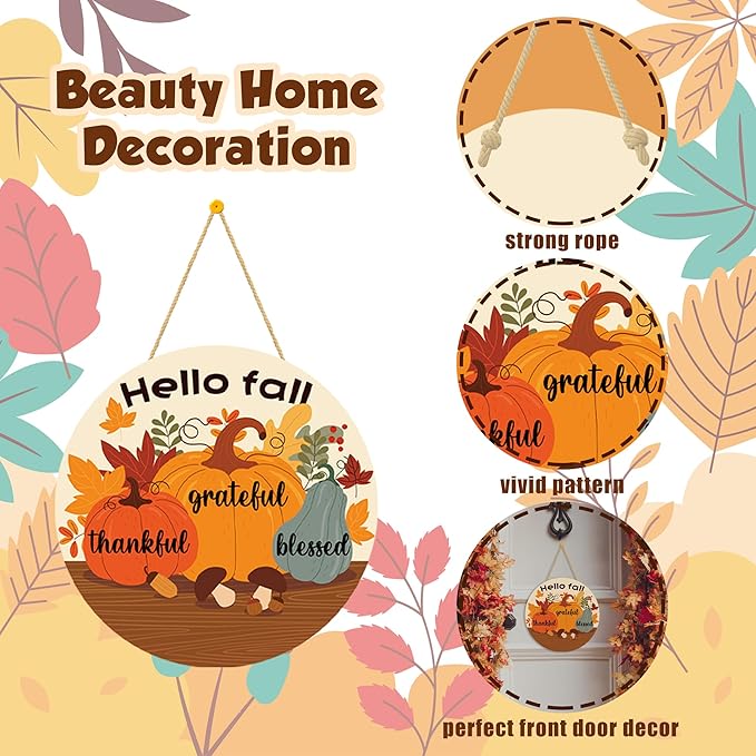 Rustic round wood wreath with maple leaves garland for fall porch decor, perfect for Thanksgiving and Friendsgiving celebrations.