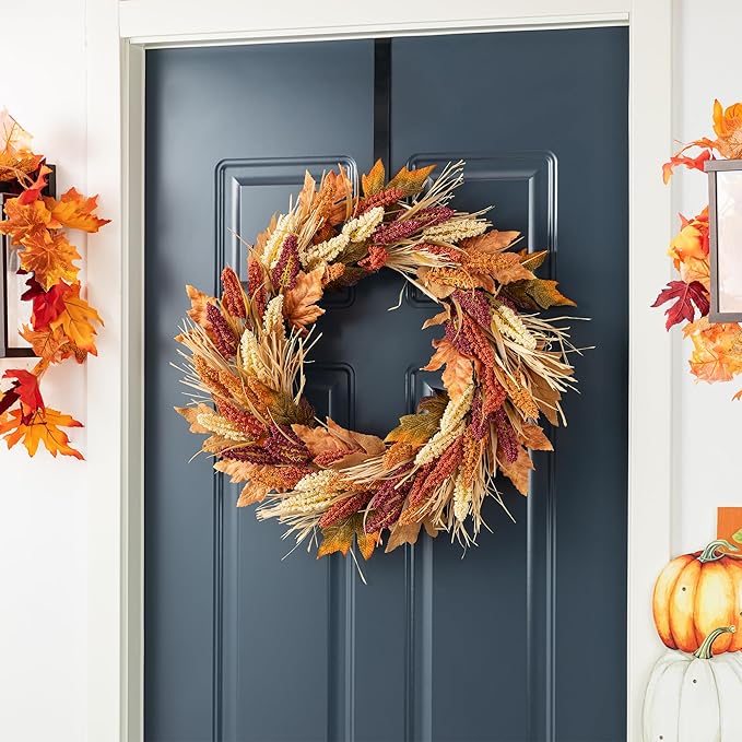 CozyNest Decor 24-inch fall sorghum wreath with metal hanger, perfect for front door or indoor harvest holiday decorations