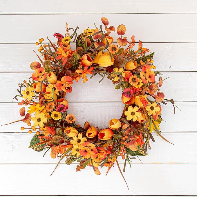 CozyNest Decor 18-inch fall wreath with orange tulips, wildflowers, and Phalaenopsis for front door or wall decor