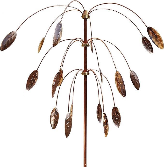 CozyNest Decor Stanwood Wind Sculpture with kinetic copper triple spinner featuring falling foliage design, outdoor decorative wind spinner