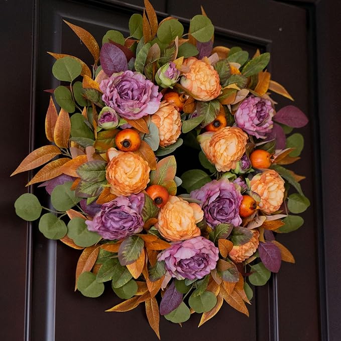 24-inch fall wreath with peony, maple leaves, and berries, rustic autumn decor for front door, porch, or indoor use