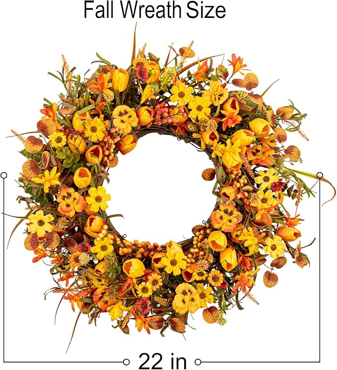 CozyNest Decor 22-inch rustic fall wreath with tulips, wildflowers, and autumn colors for door, wall, or porch decor.